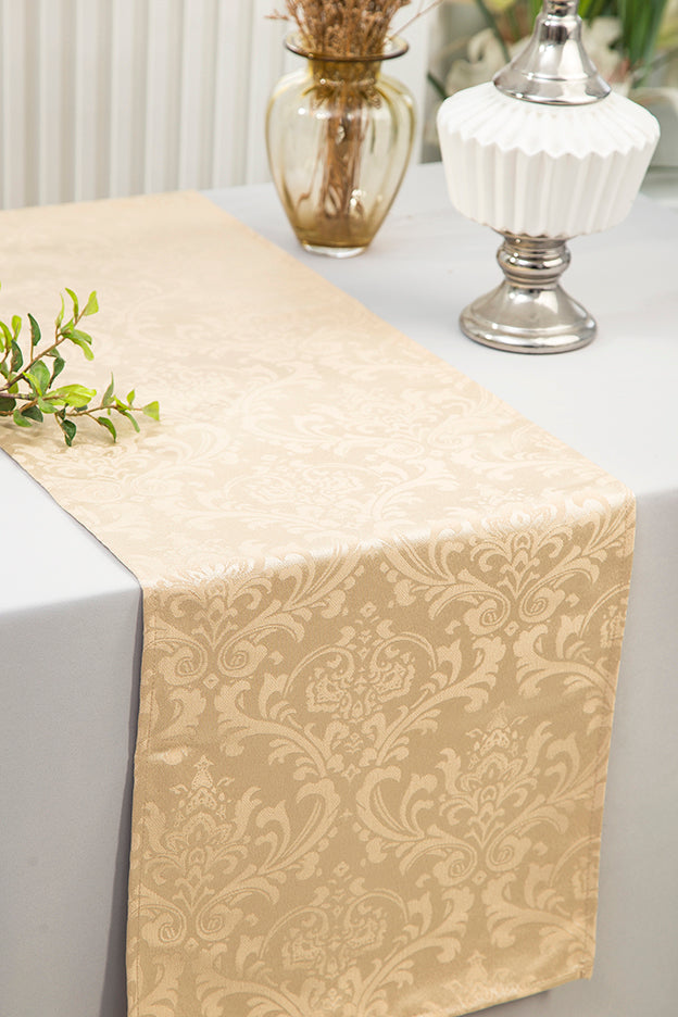 12"x108" Floral Damask Jacquard Polyester (220 GSM) Table Runner - Champagne (1pc)