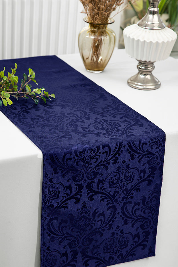 12"x108" Floral Damask Jacquard Polyester (220 GSM) Table Runner - Navy Blue (1pc)