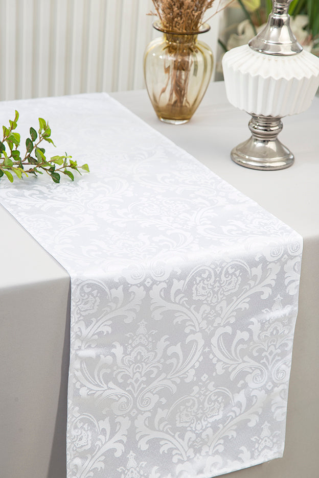 12"x108" Floral Damask Jacquard Polyester (220 GSM) Table Runner - White (1pc)