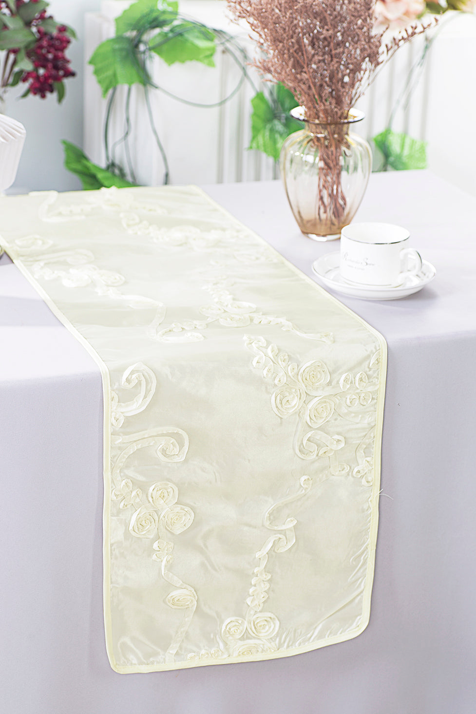 12"x108" Ribbon Taffeta Table Runner - Ivory (1pc)