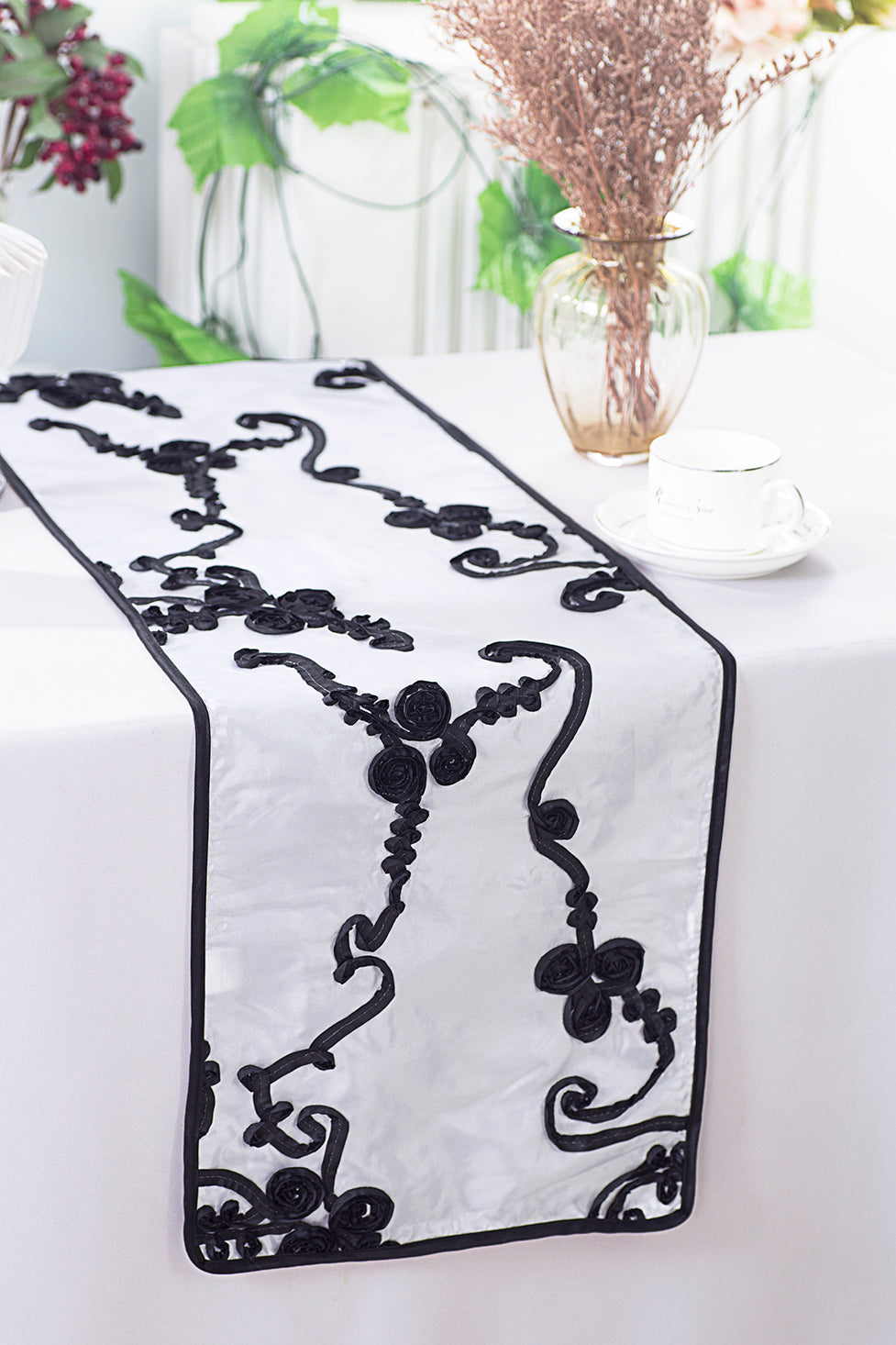 12"x108" Ribbon Taffeta Table Runner - White/Black (1pc)