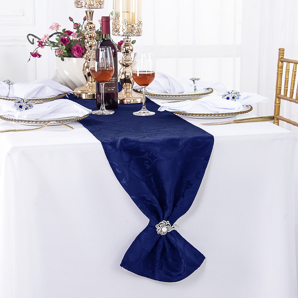 12"x108" Versailles Chopin Damask Jacquard Polyester (220 GSM) Table Runner  - Navy Blue (1pc)