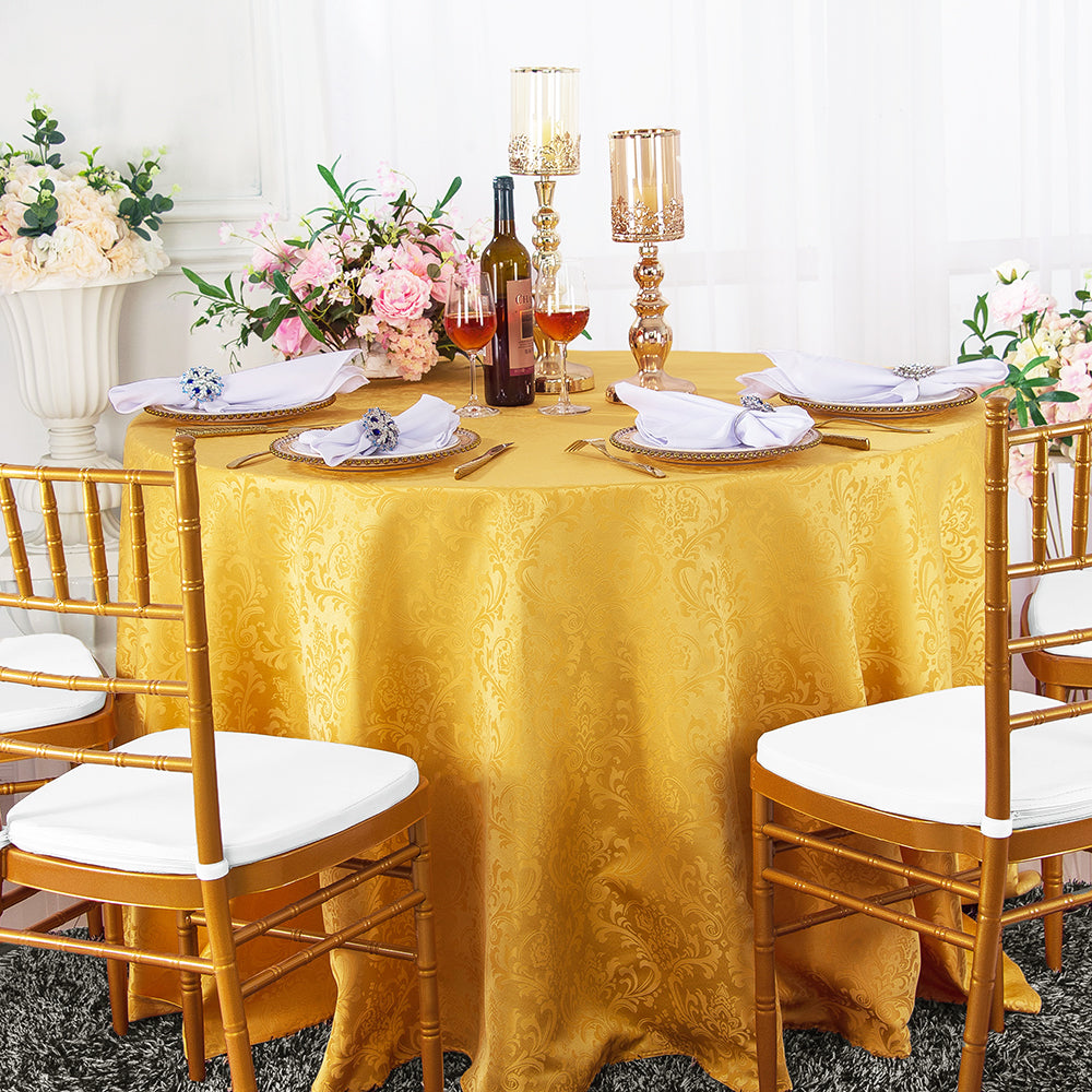 120" Seamless Round Floral Damask Jacquard Polyester (220 GSM) Tablecloth- Gold (1pc)