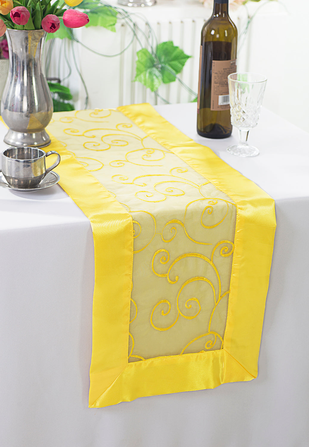 12.75"x108" Embroidered Organza Table Runner - Canary Yellow (1pc)