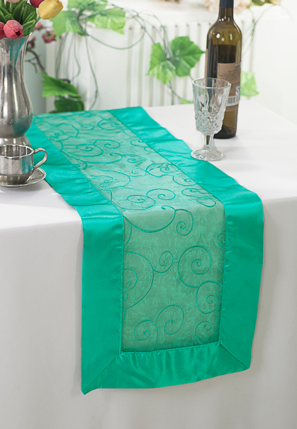 12.75"x108" Embroidered Organza Table Runner - Jade (1pc)
