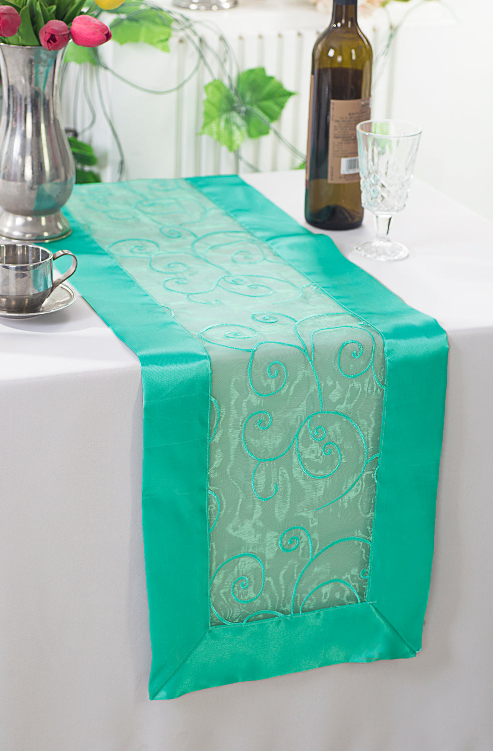 12.75"x108" Embroidered Organza Table Runner - Tiff Blue/Aqua Blue (1pc)