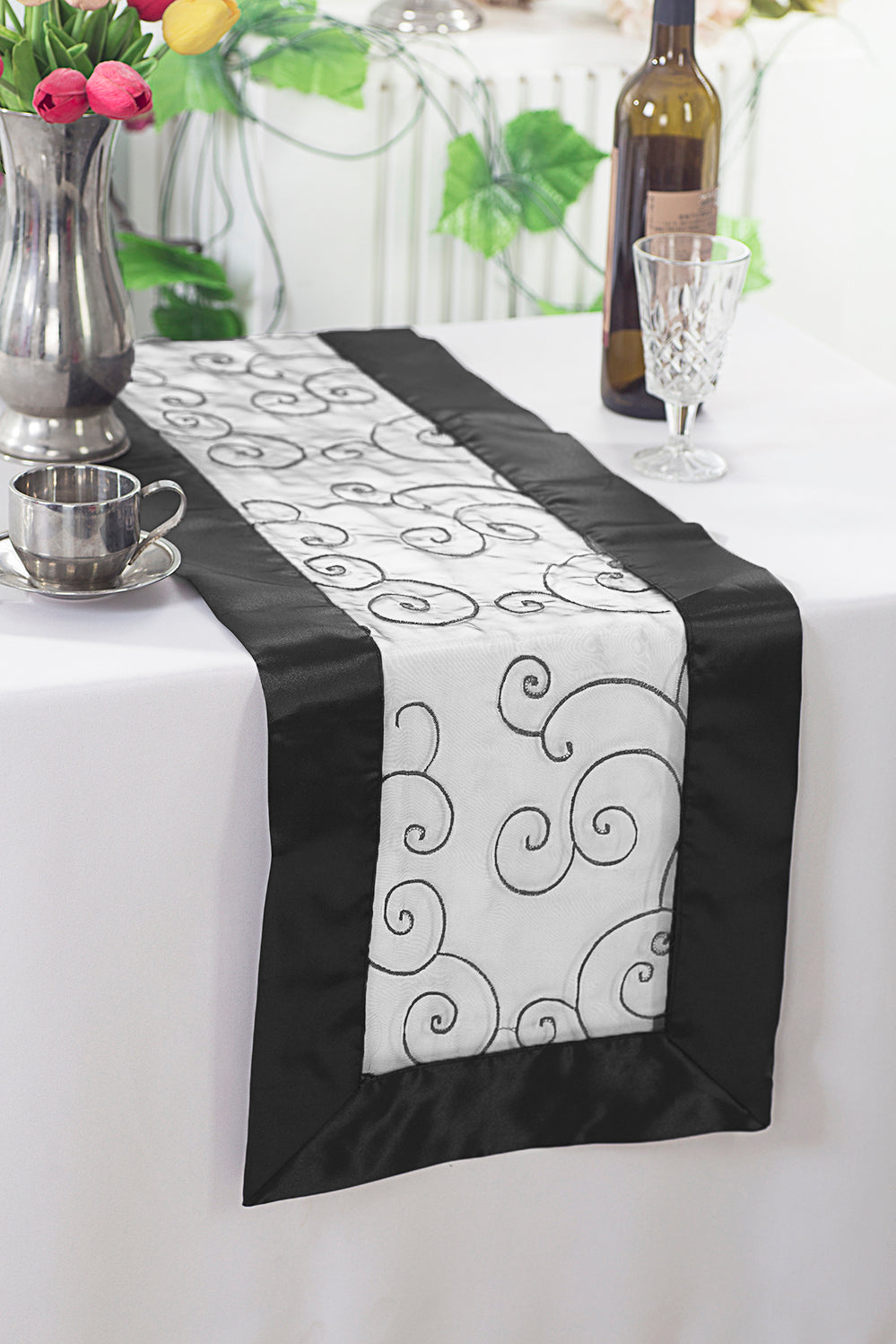 12.75"x108" Embroidered Organza Table Runner - White/Black (1pc)