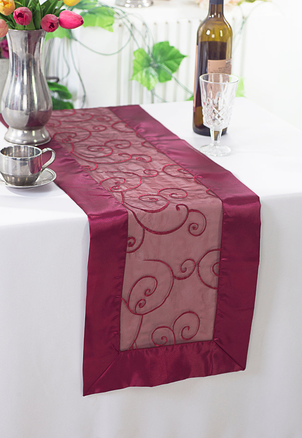 12.75"x108" Embroidered Organza Table Runner - Burgundy (1pc)