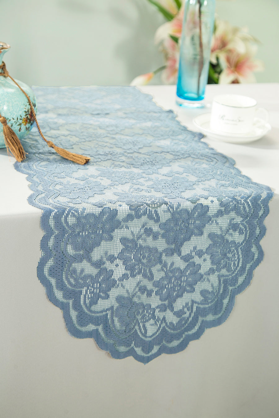 13.5"x108" Caspari Lace Table Runners - Dusty Blue (1pc)