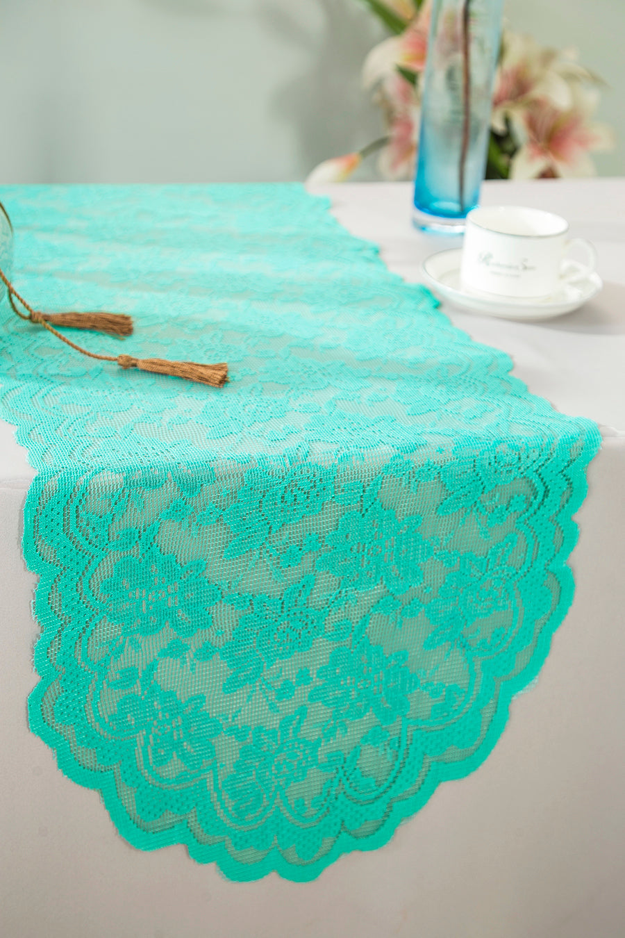 13.5"x108" Caspari Lace Table Runners - Tiff Blue/Aqua Blue (1pc)