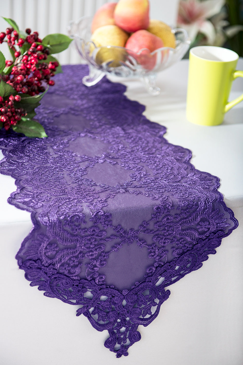 13"x108" Floral Corded Lace Embroidered Table Runner - Eggplant (1pc)