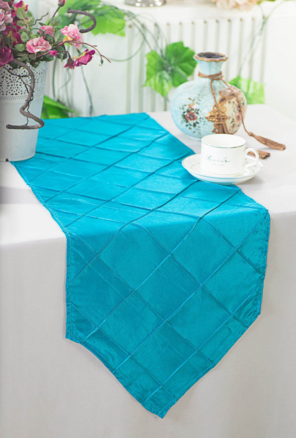 13"x108" Pintuck Taffeta Table Runner - Turquoise (1pc)