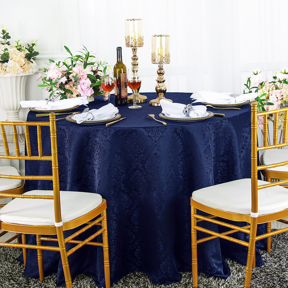 132" Seamless Round Marquis Damask Jacquard Polyester (220 GSM) Tablecloth - Navy Blue (1pc)