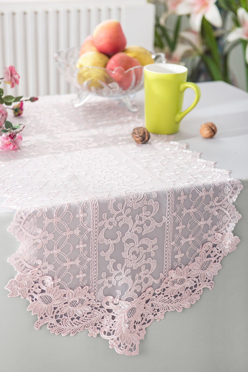 16"x108" Vintage Chantilly Lace Embroidered Table Runner - Blush Pink/Rose Gold (1pc)