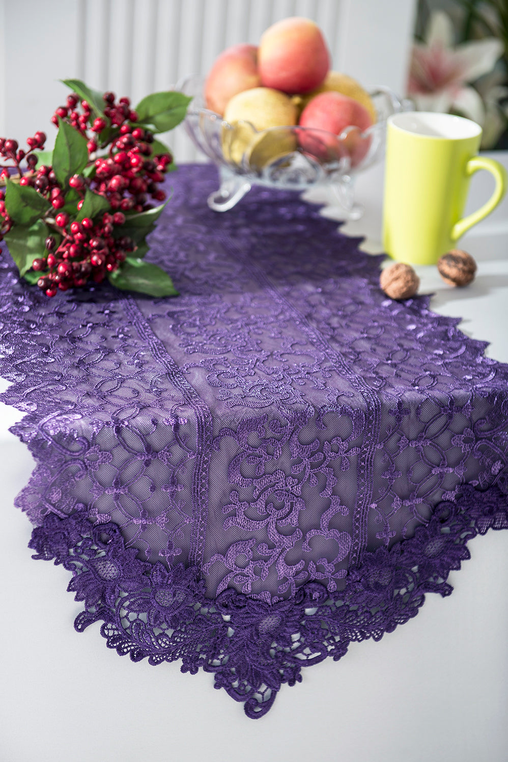 16"x108" Vintage Chantilly Lace Embroidered Table Runner - Eggplant (1pc)