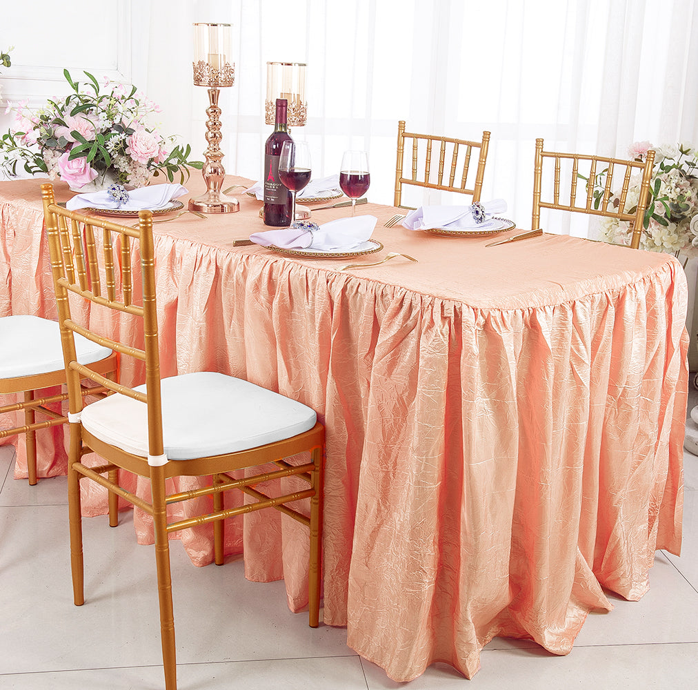 6 Ft Rectangular Ruffled Fitted Crushed Taffeta Tablecloth With Skirt - Apricot/Peach (1pc)