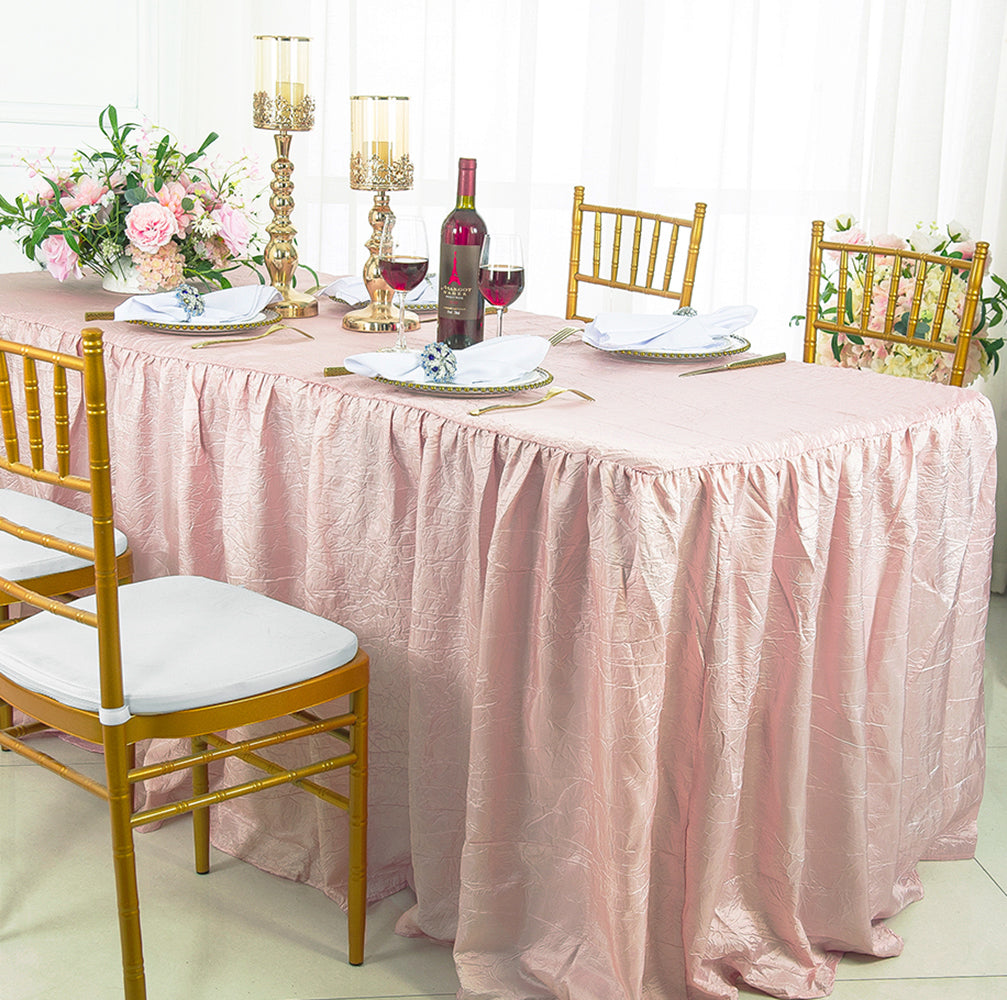 6 Ft Rectangular Ruffled Fitted Crushed Taffeta Tablecloth With Skirt - Blush Pink/Rose Gold (1pc)