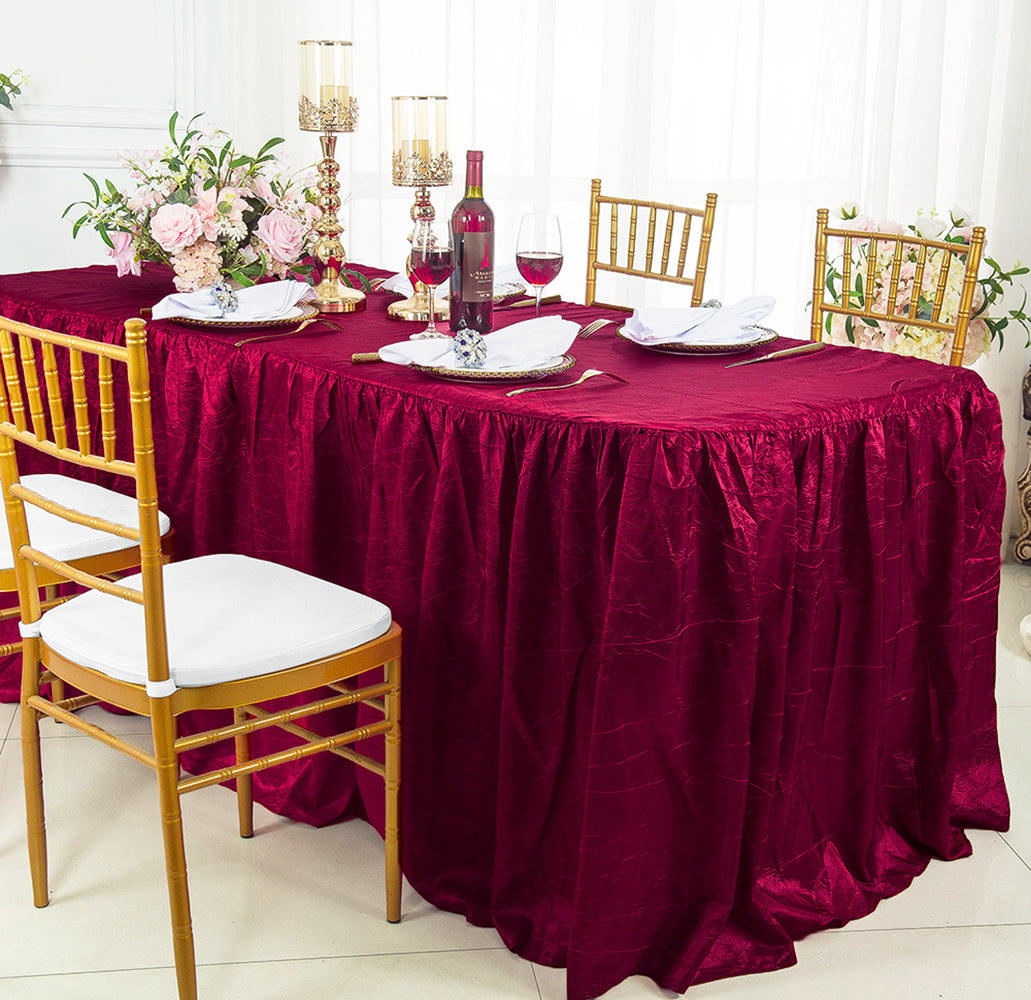 6 Ft Rectangular Ruffled Fitted Crushed Taffeta Tablecloth With Skirt - Burgundy (1pc)