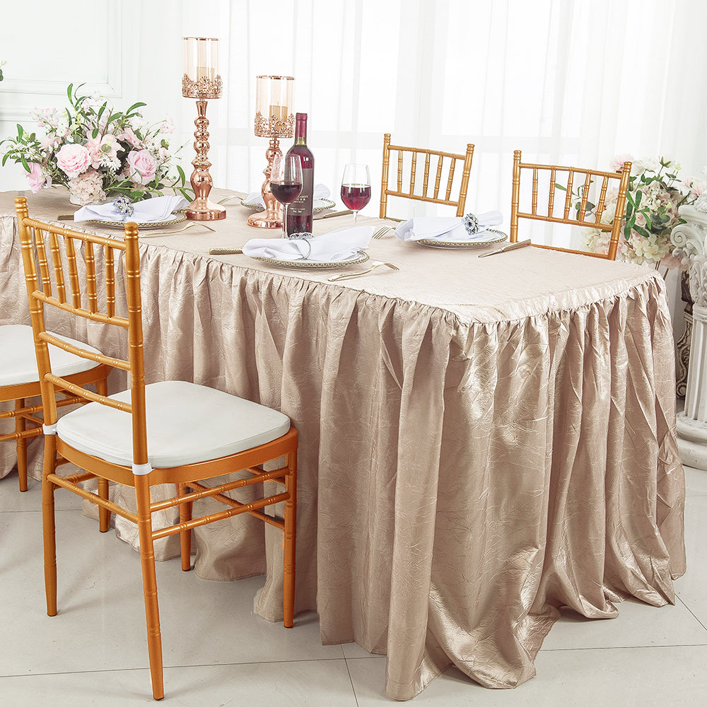 6 Ft Rectangular Ruffled Fitted Crushed Taffeta Tablecloth With Skirt - Champagne (1pc)