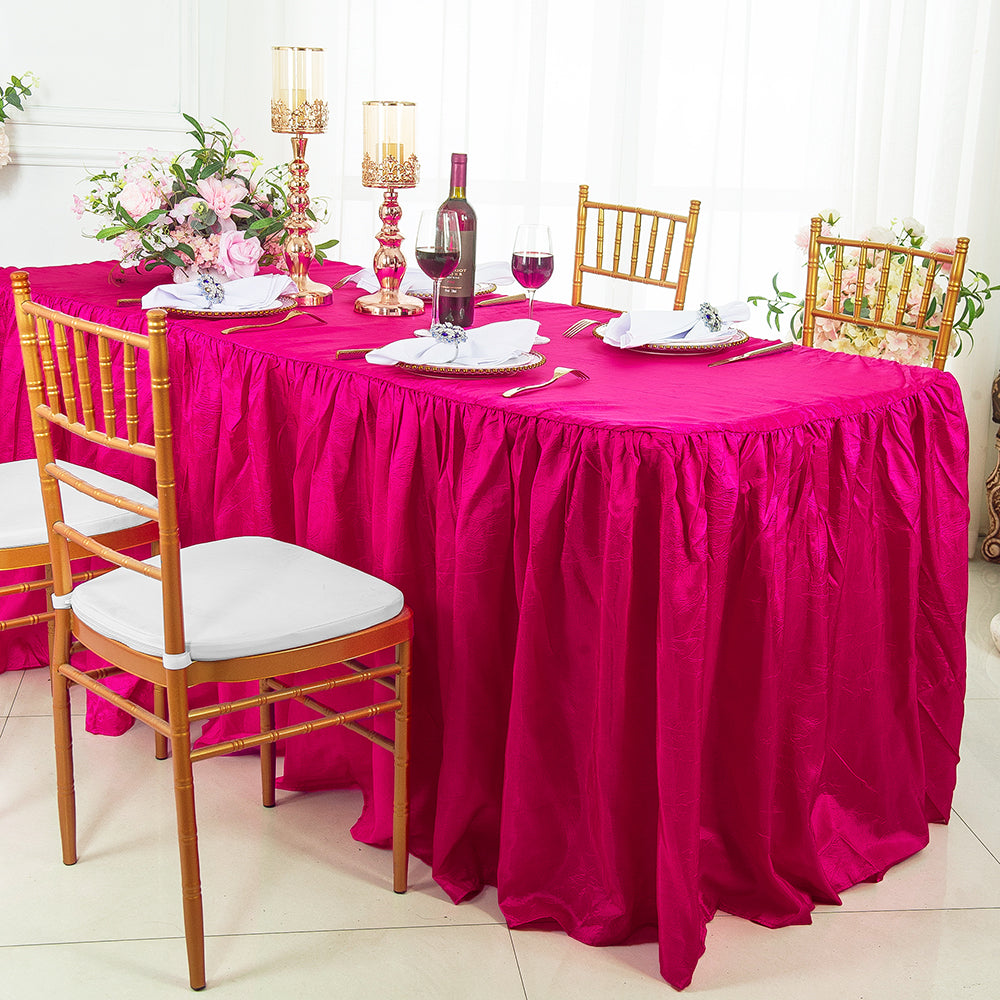 6 Ft Rectangular Ruffled Fitted Crushed Taffeta Tablecloth With Skirt - Fuchsia (1pc)