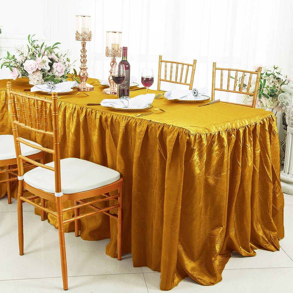 6 Ft Rectangular Ruffled Fitted Crushed Taffeta Tablecloth With Skirt - Gold (1pc)