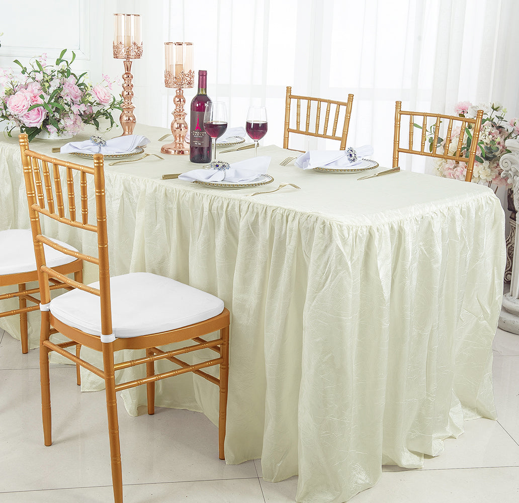 6 Ft Rectangular Ruffled Fitted Crushed Taffeta Tablecloth With Skirt - Ivory (1pc)