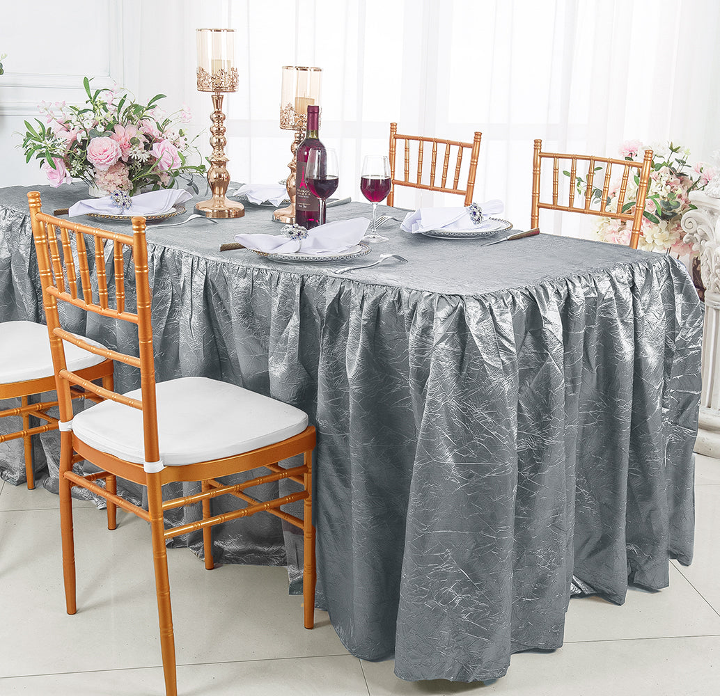 6 Ft Rectangular Ruffled Fitted Crushed Taffeta Tablecloth With Skirt - Silver (1pc)