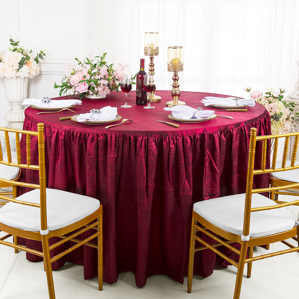 60" Round Ruffled Fitted Crushed Taffeta Tablecloth With Skirt - Burgundy (1pc)