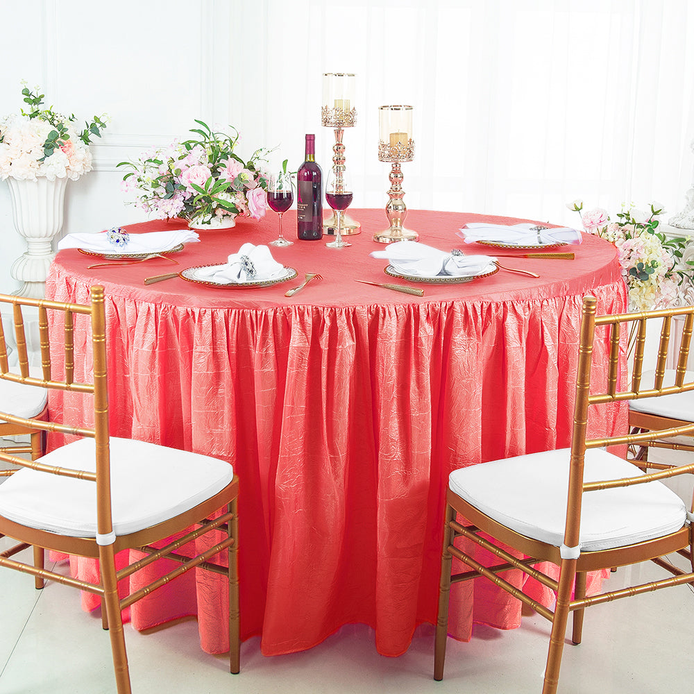 60" Round Ruffled Fitted Crushed Taffeta Tablecloth With Skirt - Coral (1pc)