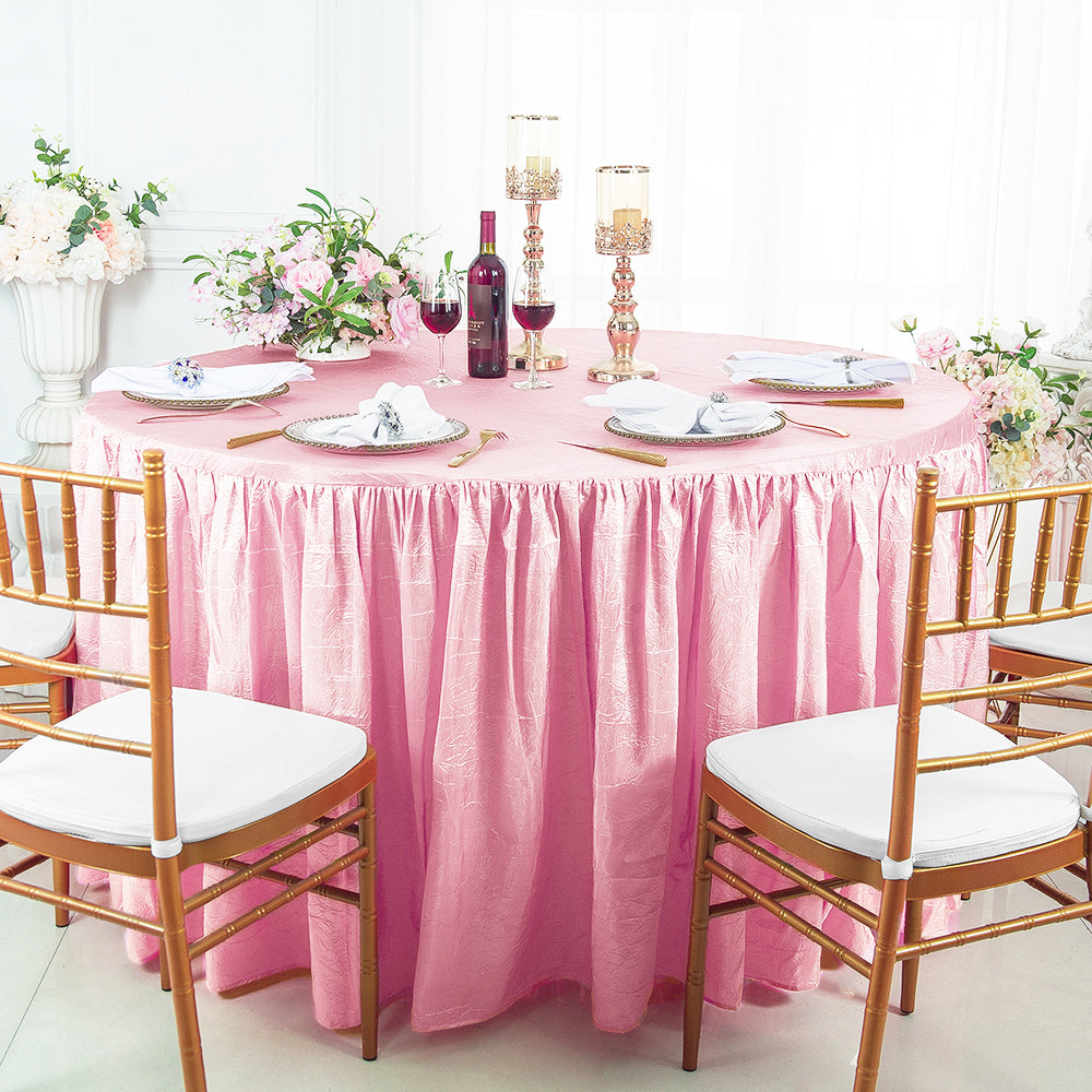 60" Round Ruffled Fitted Crushed Taffeta Tablecloth With Skirt - Pink (1pc)