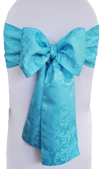 7.5"x108" Floral Damask Jacquard Polyester (220 GSM) Chair Sashes - Turquoise (10pcs/pk)