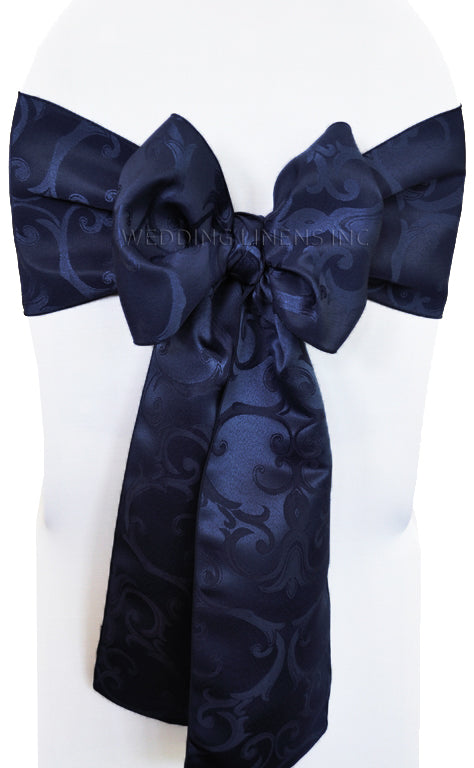 7.5"x108" Versailles Chopin Damask Jacquard Polyester (220 GSM) Chair Sashes - Navy Blue (10pcs/pk)