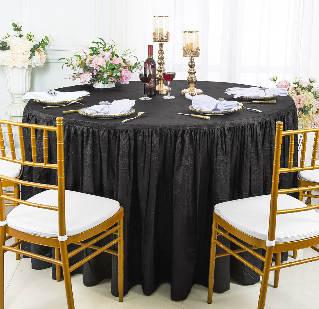 72" Round Ruffled Fitted Crushed Taffeta Tablecloth With Skirt - Black (1pc)