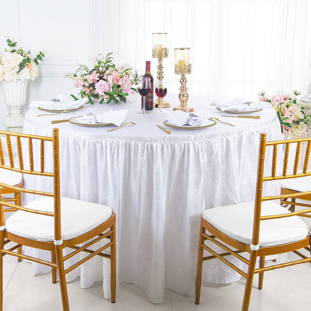 Nappe ronde en taffetas écrasé à volants de 72 po avec jupe - Blanc (1 pièce)