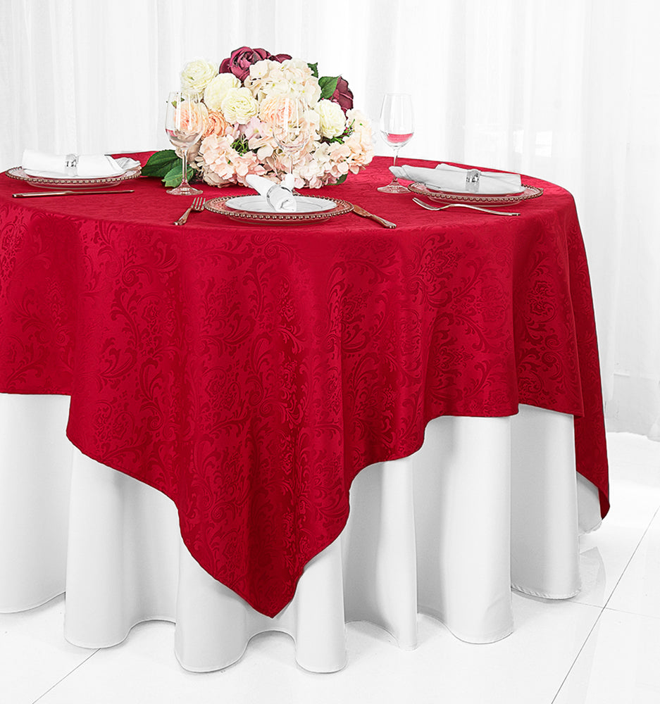 72"x72" Seamless Square Floral Damask Jacquard Polyester (220 GSM) Table Overlay - Apple Red (1pc)