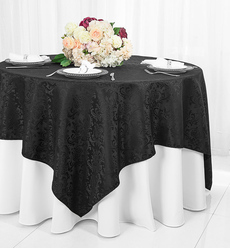 72"x72" Seamless Square Floral Damask Jacquard Polyester (220 GSM) Table Overlay - Black (1pc)