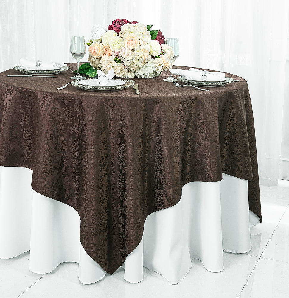 72"x72" Seamless Square Floral Damask Jacquard Polyester (220 GSM) Table Overlay - Chocolate (1pc)