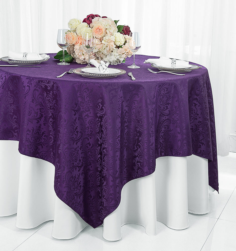 72"x72" Seamless Square Floral Damask Jacquard Polyester (220 GSM) Table Overlay - Eggplant (1pc)