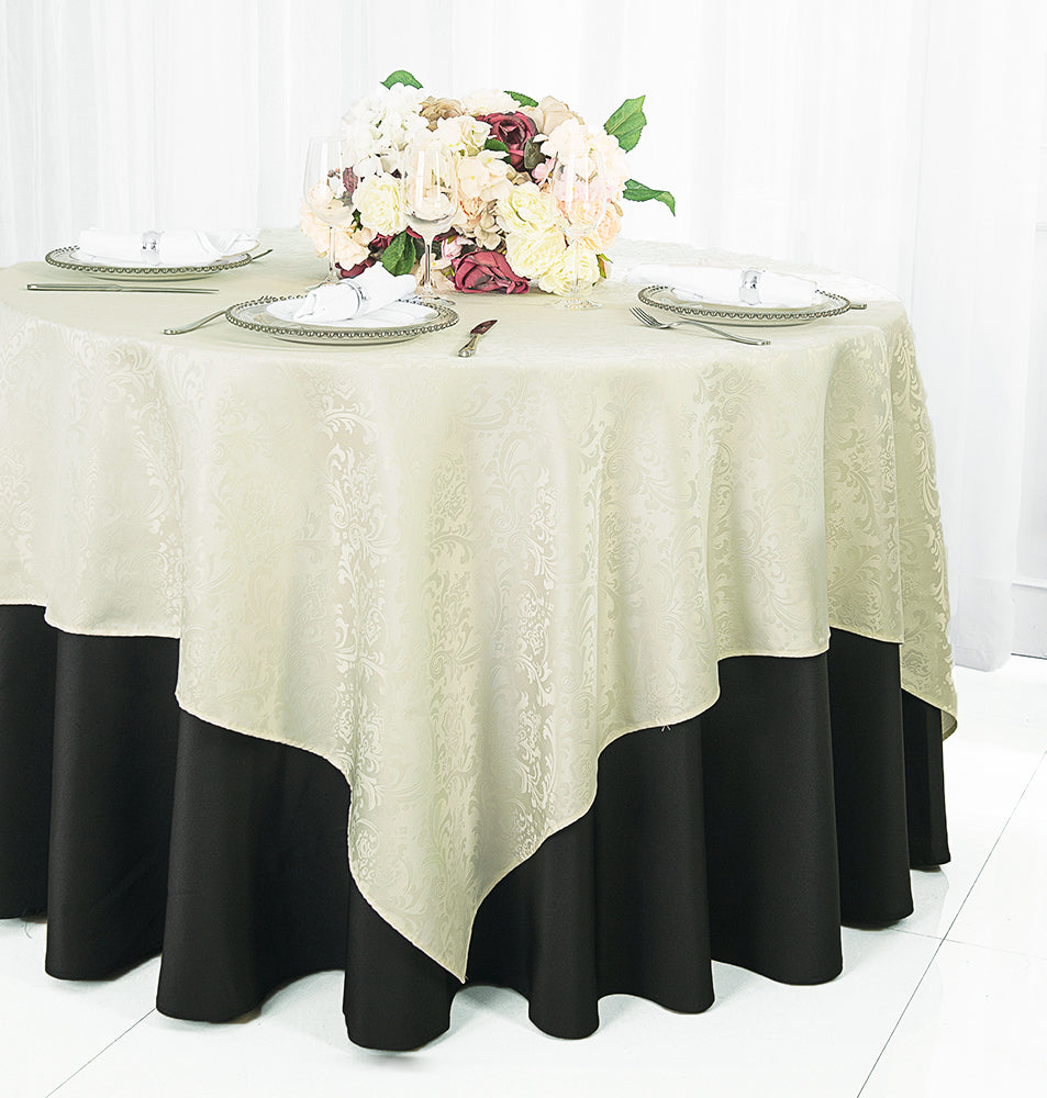 Ivory Damask Table Overlays, Jacquard Table Toppers – Wedding Linens Inc.