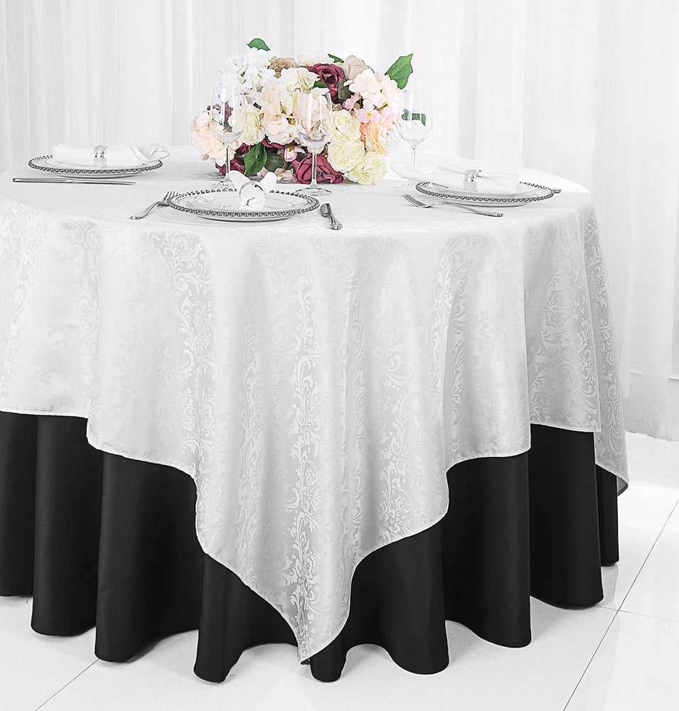 72"x72" Seamless Square Floral Damask Jacquard Polyester (220 GSM) Table Overlay - White (1pc)