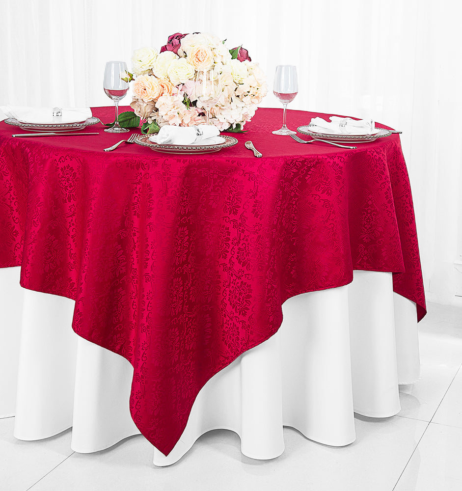 72"x72" Seamless Square Marquis Damask Jacquard Polyester (220 GSM) Table Overlay - Apple Red (1pc)