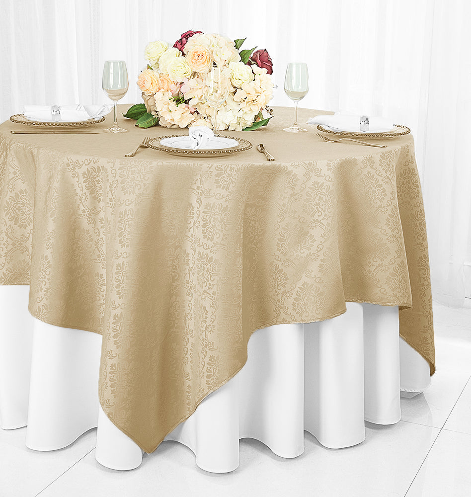 72"x72" Seamless Square Marquis Damask Jacquard Polyester (220 GSM) Table Overlay - Champagne (1pc)