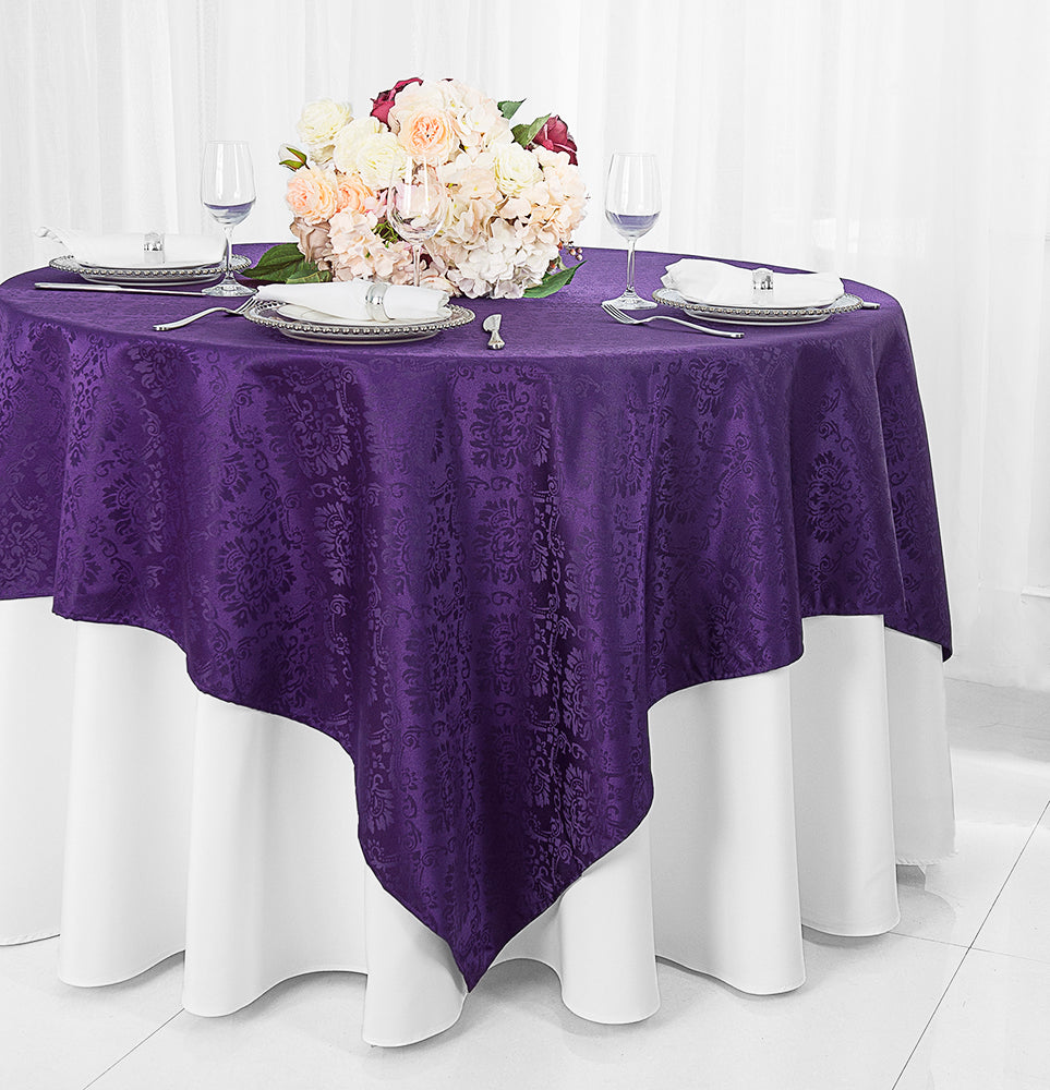 72"x72" Seamless Square Marquis Damask Jacquard Polyester (220 GSM) Table Overlay - Eggplant (1pc)