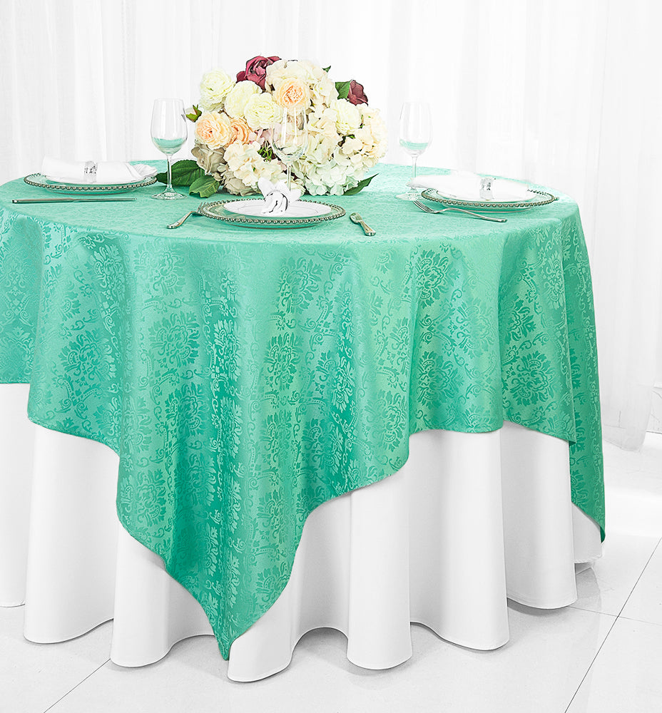 72"x72" Seamless Square Marquis Damask Jacquard Polyester (220 GSM) Table Overlay - Tiff Blue/Aqua Blue (1pc)