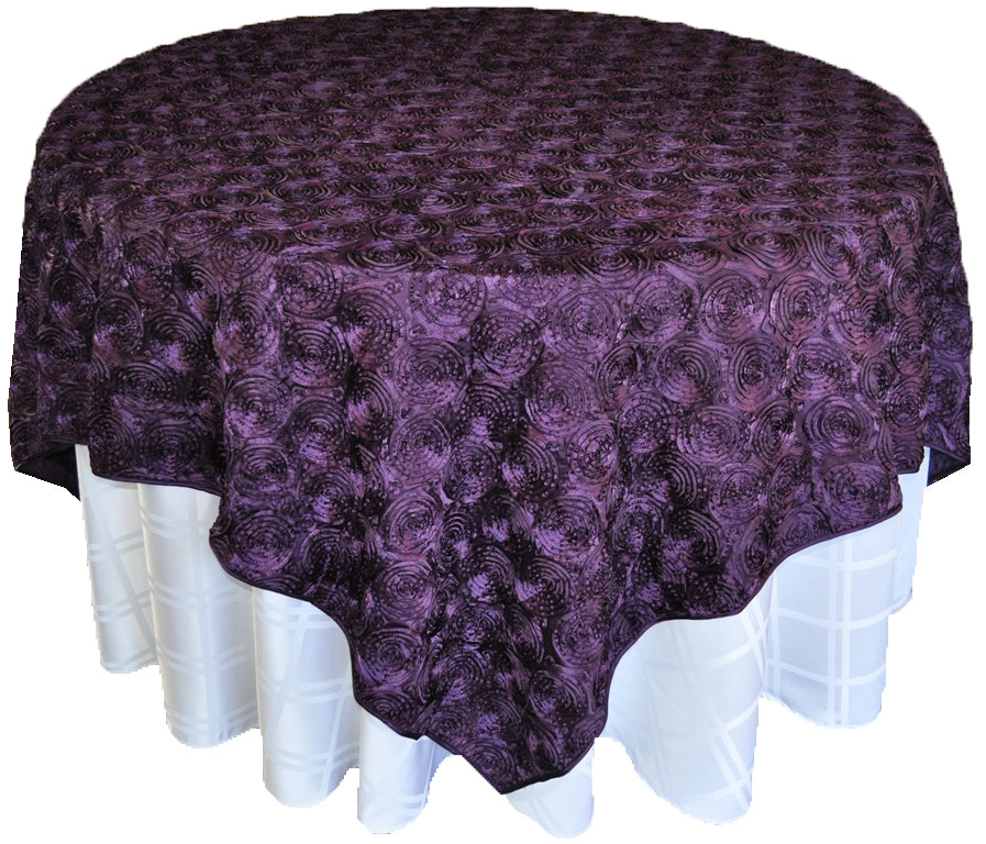 72"x72" Seamless Square Satin Rosette Table Overlays - Eggplant (1pc)