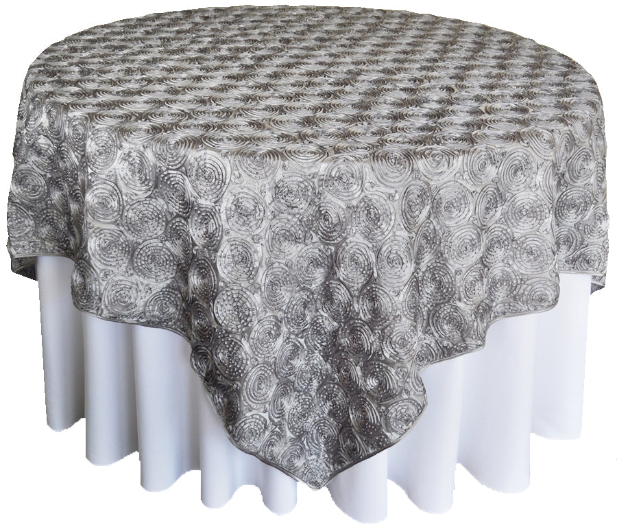 72"x72" Seamless Square Satin Rosette Table Overlays - Silver (1pc)