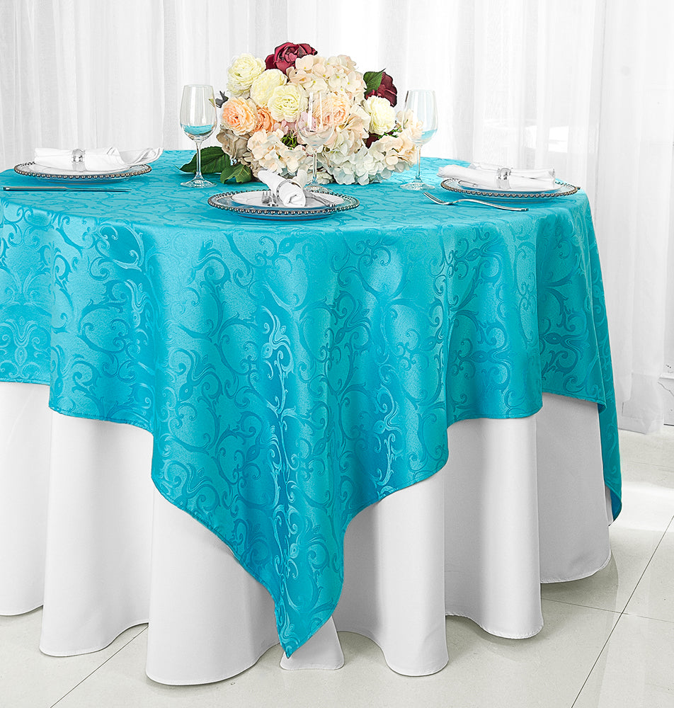 Superpositions de table carrées en polyester jacquard damassé Versailles Chopin 72 "x 72" - Turquoise (1 pièce)