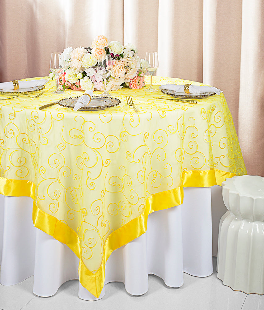 85"x85" Seamless Square Embroidered Organza Tablecloth/Table Overlay - Canary Yellow (1pc)