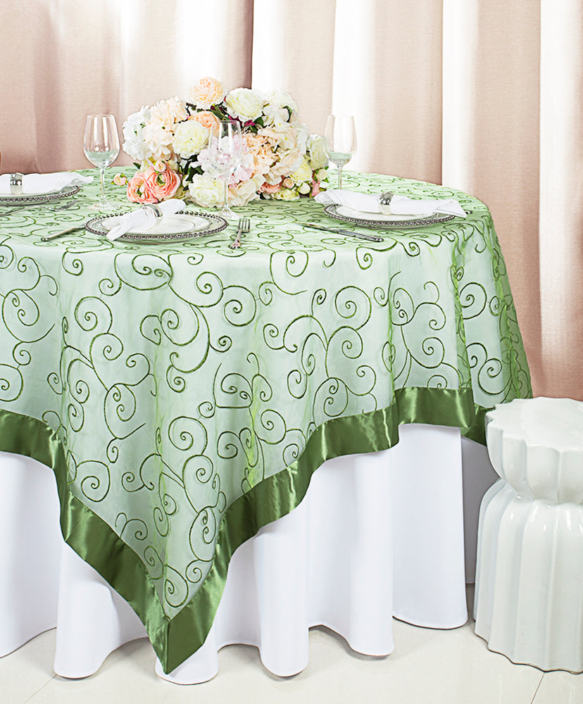 85"x85" Seamless Square Embroidered Organza Tablecloth/Table Overlay - Clover Green (1pc)