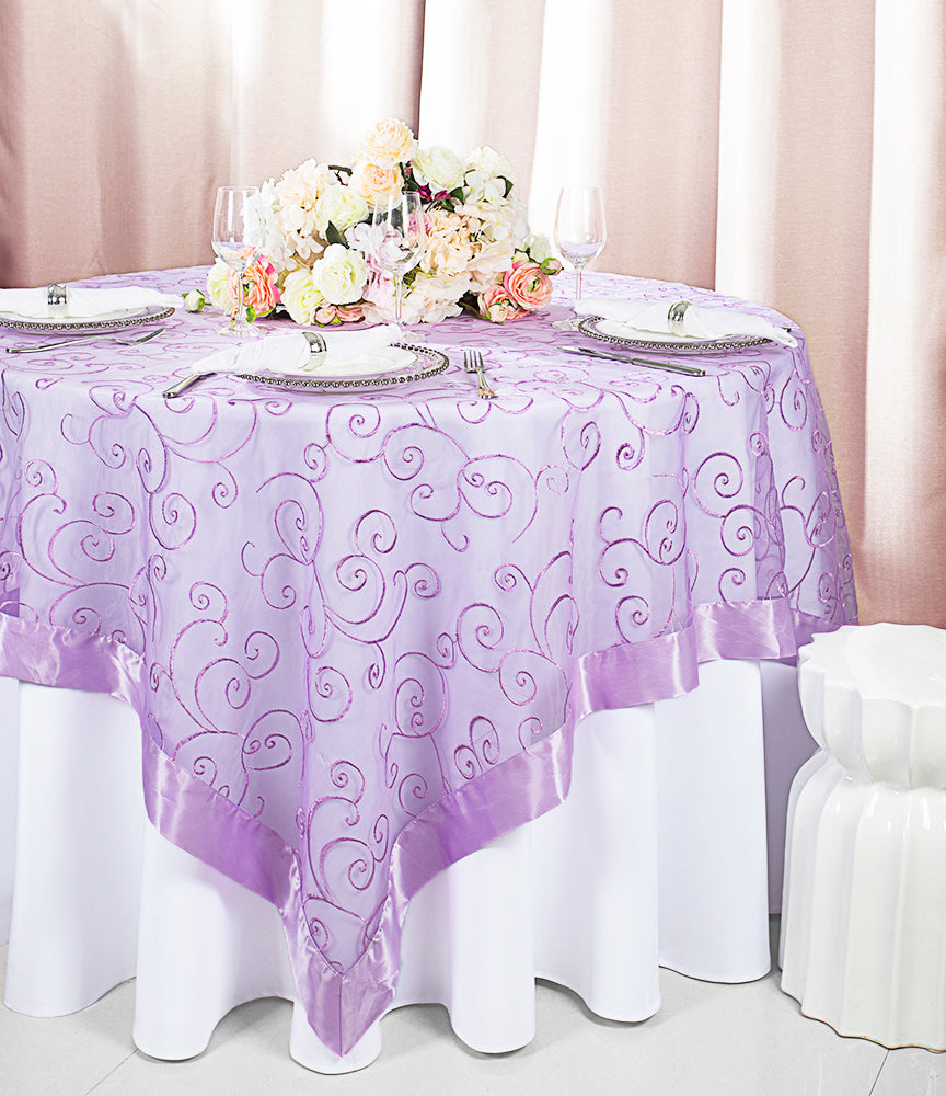 85"x85" Seamless Square Embroidered Organza Tablecloth/Table Overlay - Lavender (1pc)